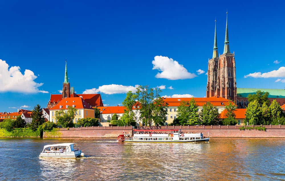 Panoramic view of the Old Town of Wroclaw with St. Johns Cathedral and the Odra River. Wroclaw, Poland