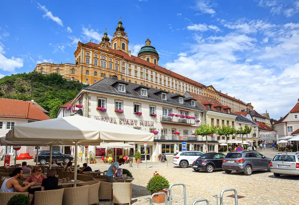 MELK, AUSTRIA - Historical centre of town. View of the Melk Abbey - ancient Benedictine monastery above the town of Melk. Lower Austria, Europe.