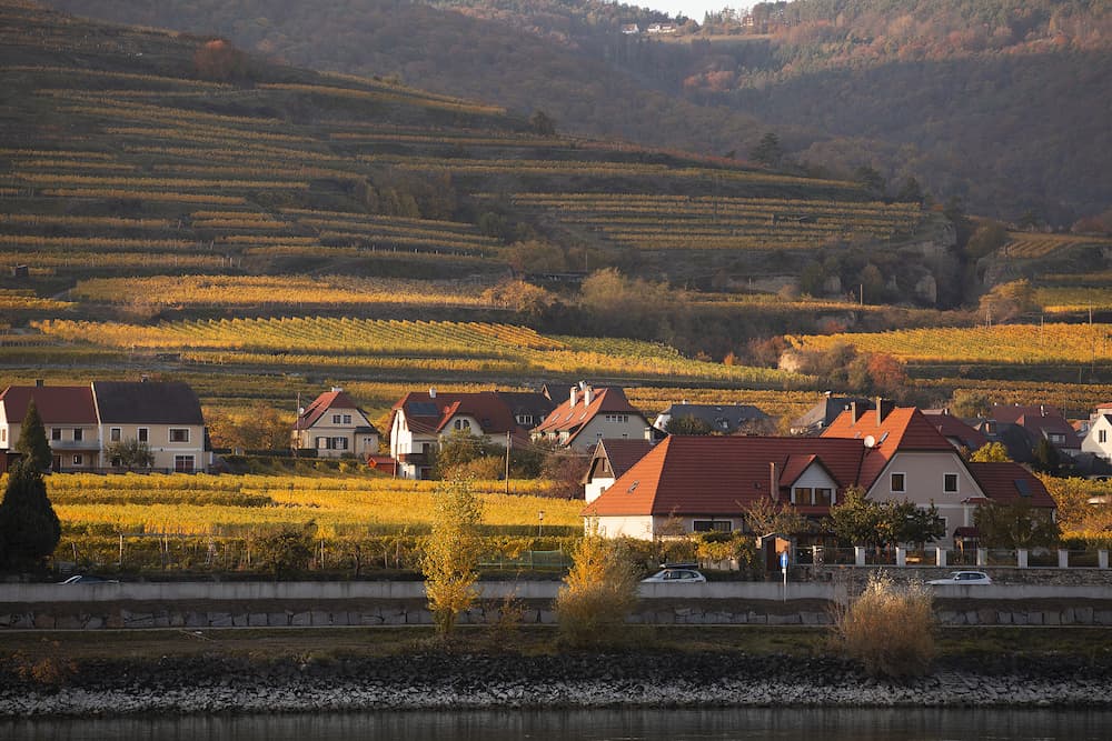 autumn view of small austrian village Weissenkirchen in der Wachau on a Danube river bank , district of Krems-Land, Wachau Valley, Austria