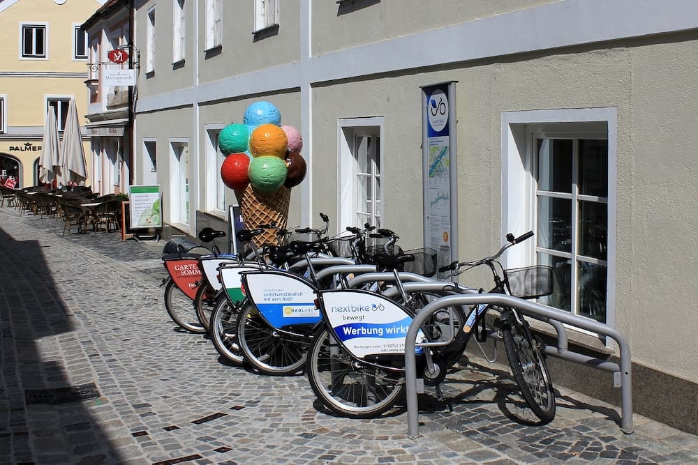 MELK, AUSTRIA -Bikes for rent in Melk town for tourists.