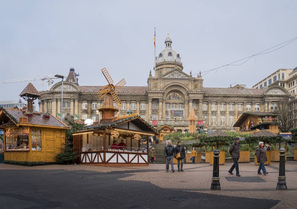 BIRMINGHAM, UK, Wooden stalls of the German Xmas market in Victoria Square, Birmingham, UK