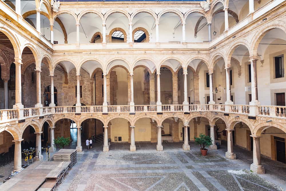 PALERMO ITALY - courtyard of Palazzo dei Normanni (Palace of the Normans Palazzo Reale) in Palermo city. Royal Palace was the seat of the Kings of Sicily during the Norman domination