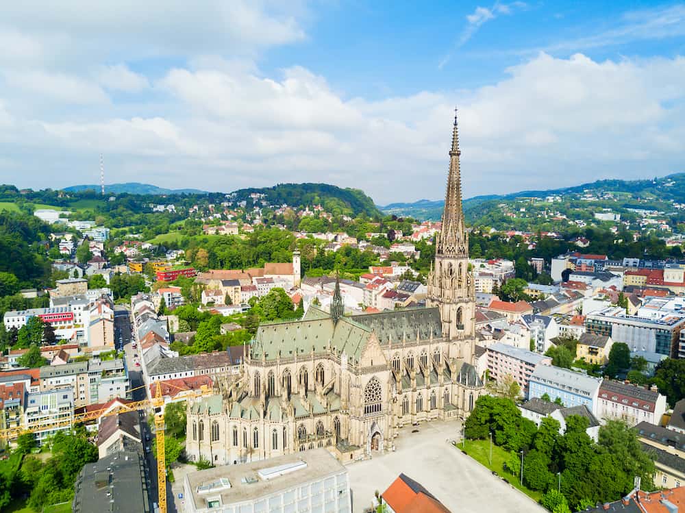 New Cathedral or Cathedral of the Immaculate Conception or St. Mary Church aerial panoramic view. It is a Roman Catholic cathedral located in Linz Austria.