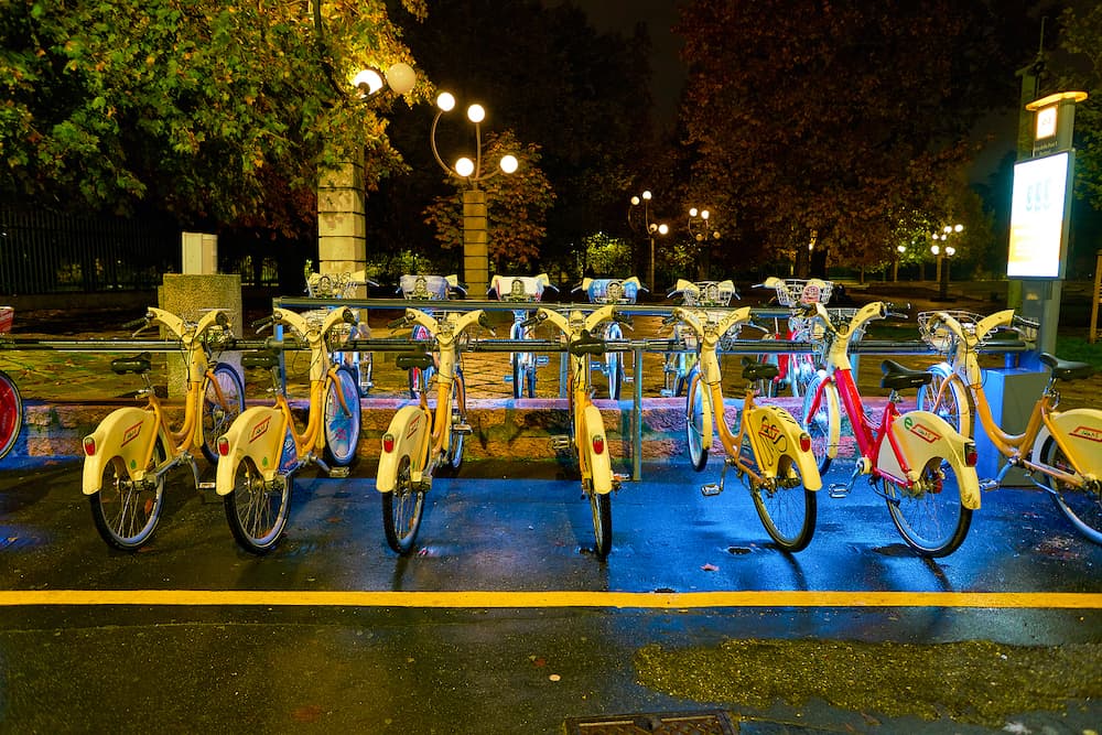 MILAN, ITALY - CIRCA bicycles parked in Milan. Milan is a city in northern Italy.