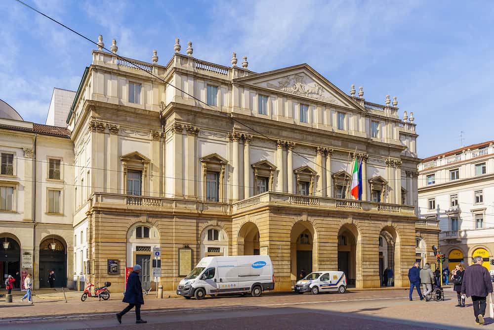 Milan, Italy - View of the historic Teatro alla Scala building, with locals and visitors, in Milan, Lombardy, Northern Italy