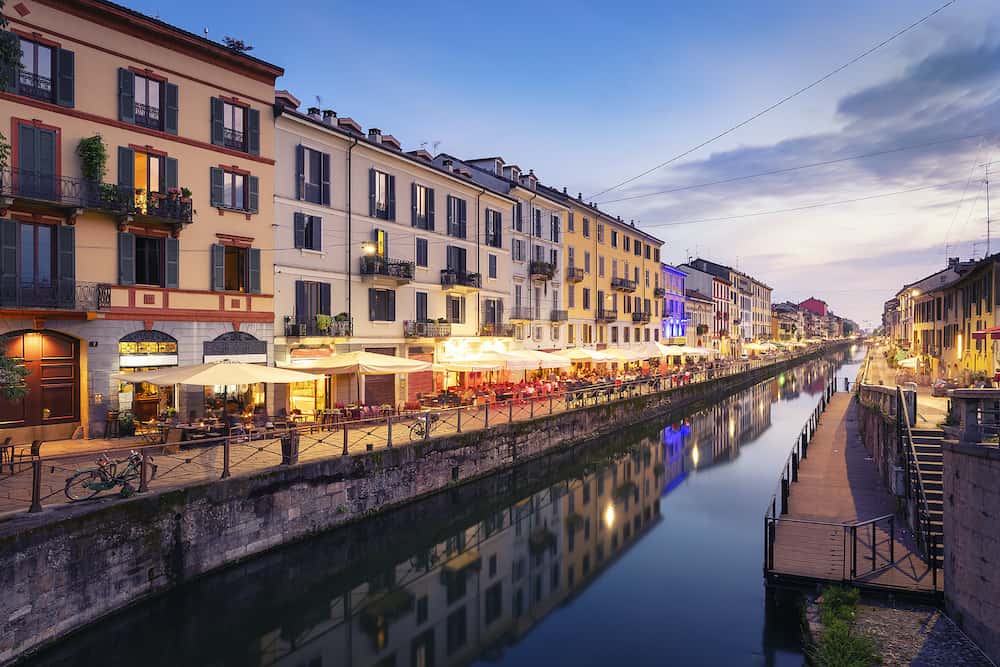 Naviglio Grande canal at the evening.when the lights of the city and the bars come on and the nightlife of Milan begins, Milan, Italy.