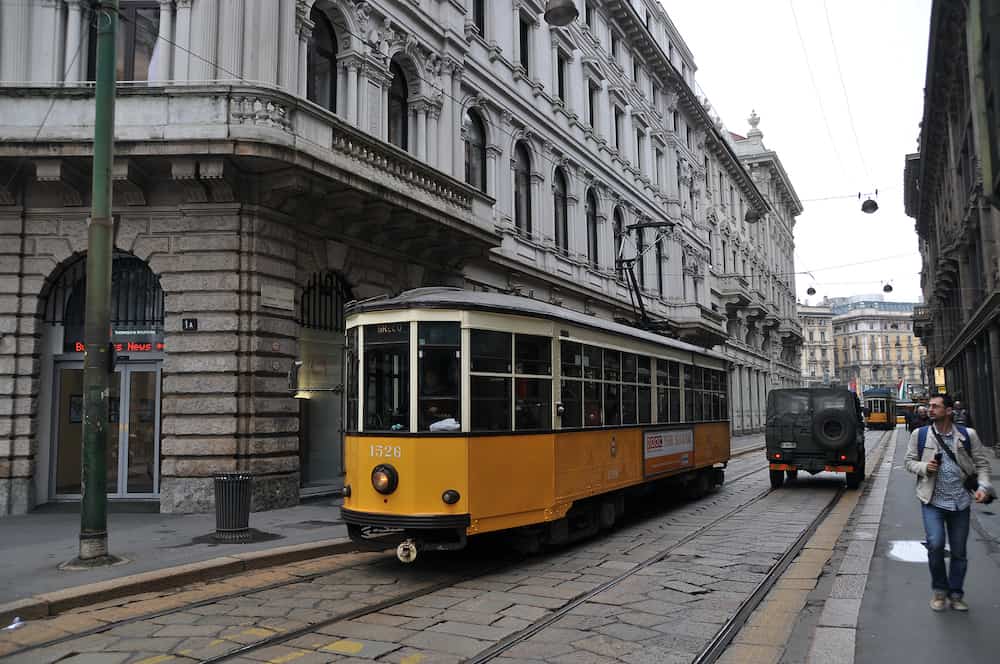 Old yellow tram in Milan street. October 