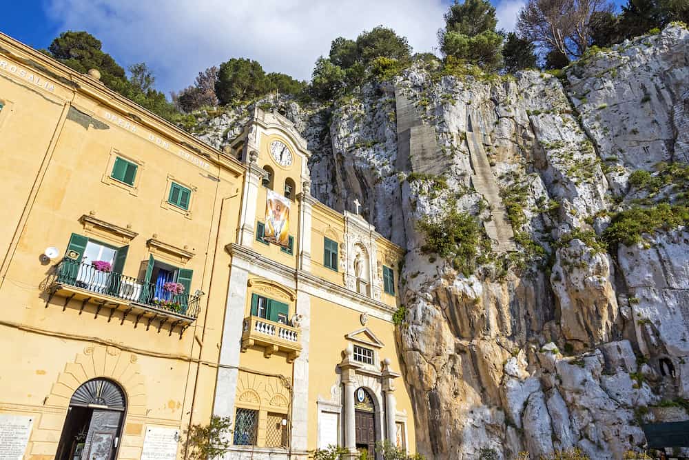 Palermo, Italy - Sanctuary of Santa Rosalia (Italian: Santuario di Santa Rosalia) in Palermo, Sicily, Italy. Located inside a ravine of rock, almost on the top of Mount Pellegrino