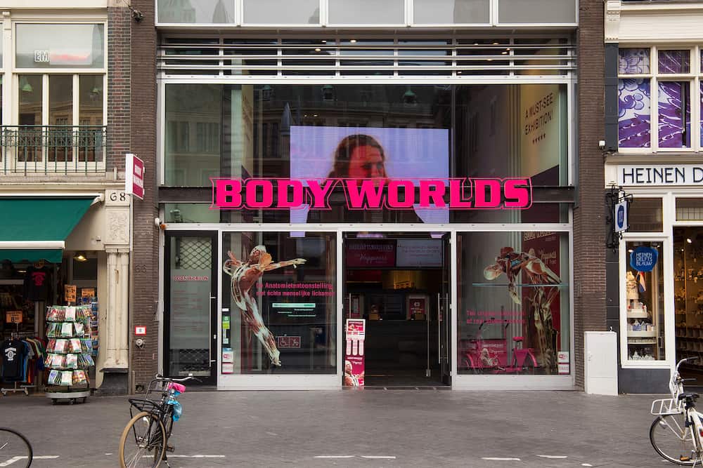 AMSTERDAM, NETHERLANDS - Entrance to Body Worlds museum. More than 200 real dead human bodies are a part of this Amsterdam interactive exhibition and illustrate detailed human anatomy.