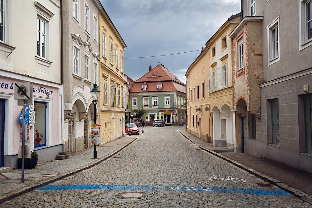 YBBS AN DER DONAU, AUSTRIA/ Old cobbled street in the historical centre of the town of Ybbs an der Donau. Lower Austria, Europe.