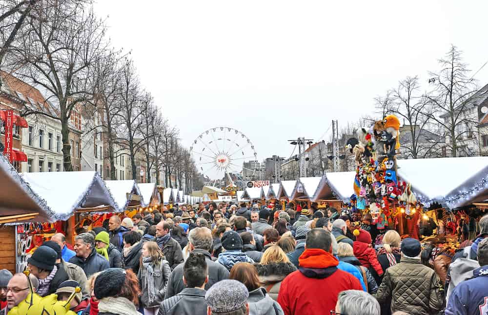 BRUSSELS BELGIUM - Christmas Market in Brussels Winter Wonders. Huge Ferris wheel in place Saint Catherine in Brussels.
