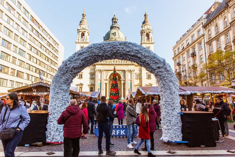 BUDAPEST, HUNGARY - Christmas Market at St. Stephens Square in front of the St. Stephens Basilica.