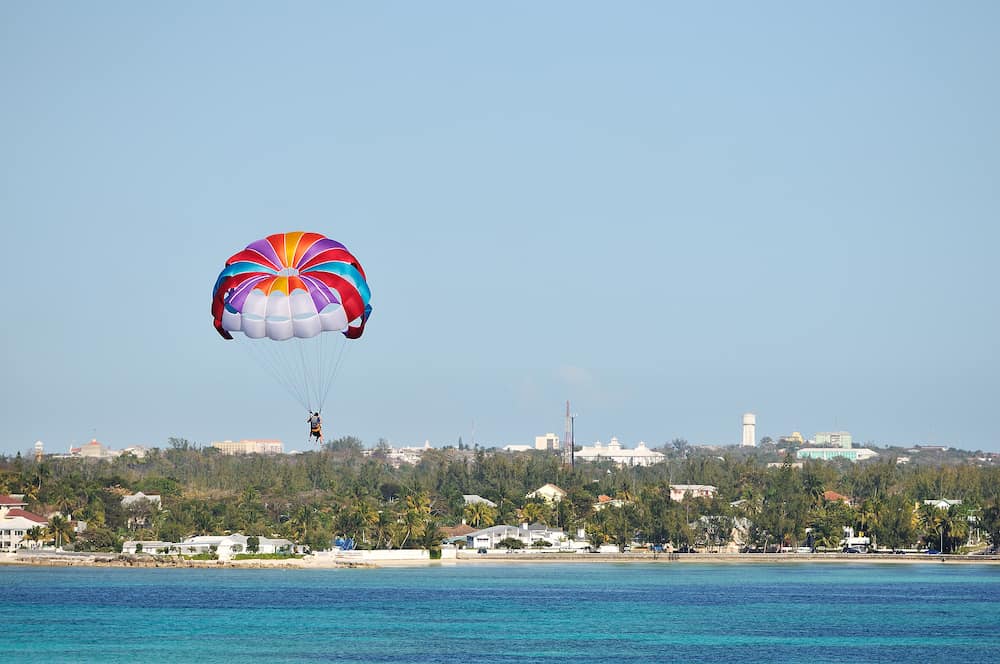 parasailing over the Caribbean sea, nassau, bahamas