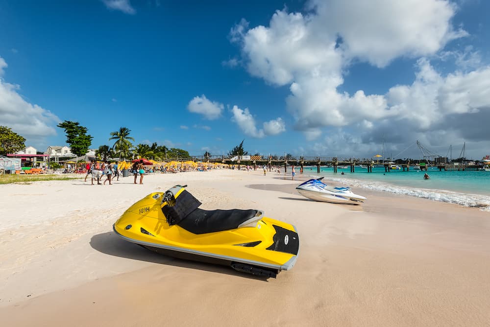 Bridgetown, Barbados - Jet skis on the Brownes beach at sunny day in Carlisle bay, Bridgetown, Barbados, West Indies, Caribbean, Central America.