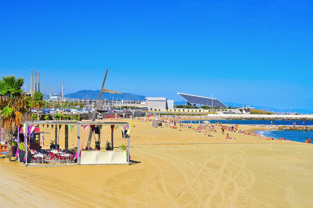 BARCELONA, SPAIN -  La Nova Mar Bella in Barcelona, Spain. This beach, 420 meters long, arised with the urban redevelopment on the occasion of the 1992 Olympic Games