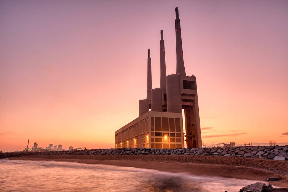 The decommissioned thermal power station at Sant Adria near Barcelona at sunset