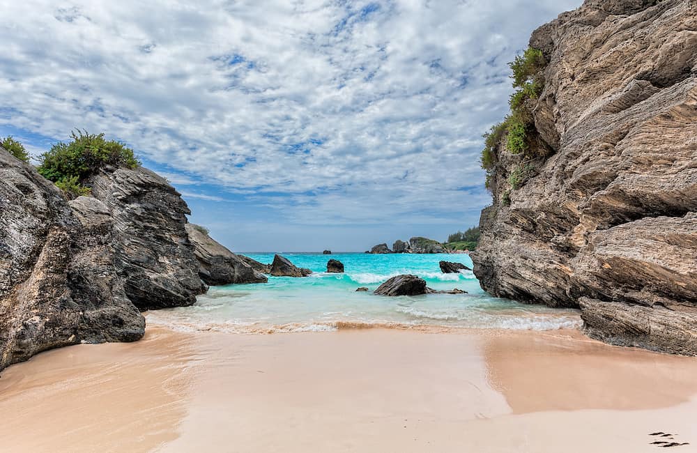 Landscape of Ocean rock and beach in Horseshoe Bay Southampton Parish Bermuda