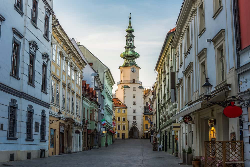 Empty Michalska Street in Bratislava Old Town During Coronavirus Pandemic with Michael's Tower (Michalska Brana) in Background in Slovakia