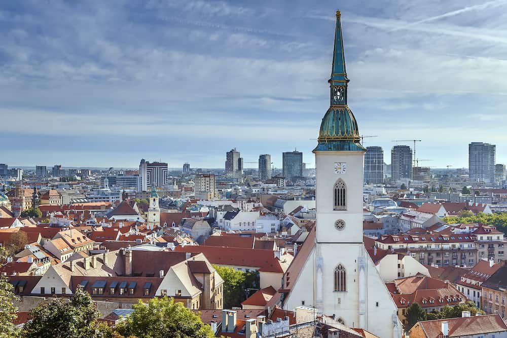View of Bratislava old town with St Martin's Cathedral from Castle rock, Slovakia