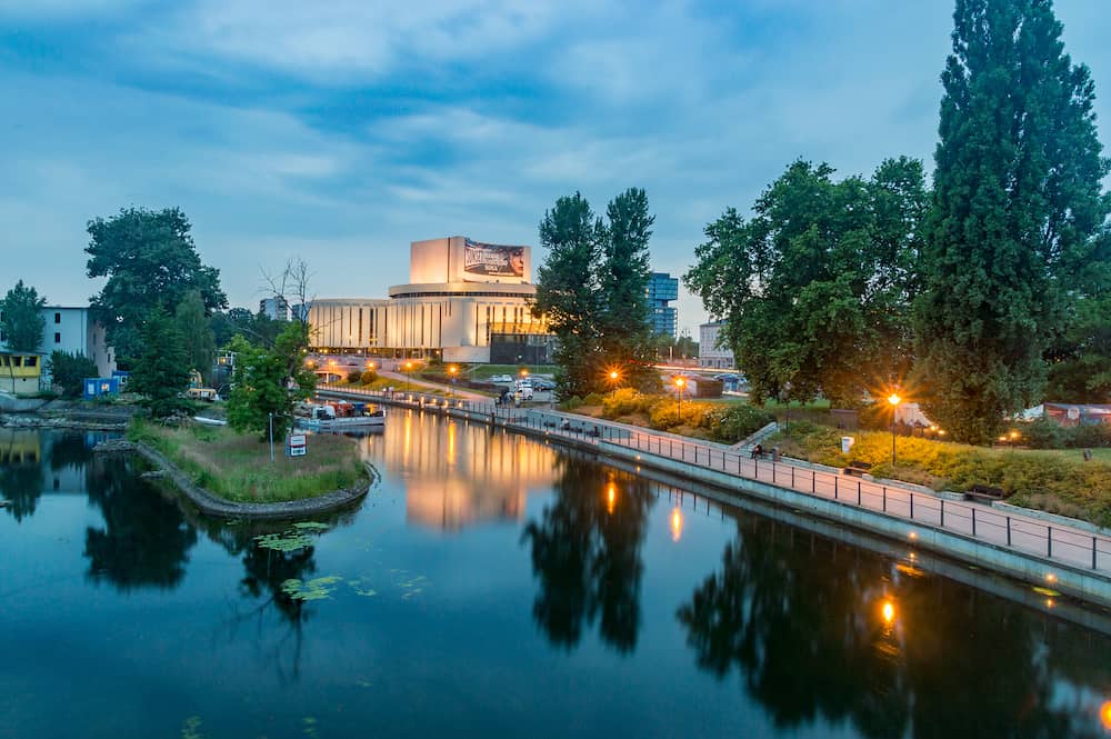 Bydgoszcz, Poland - Dusk on Brda River with Opera Nova in background.