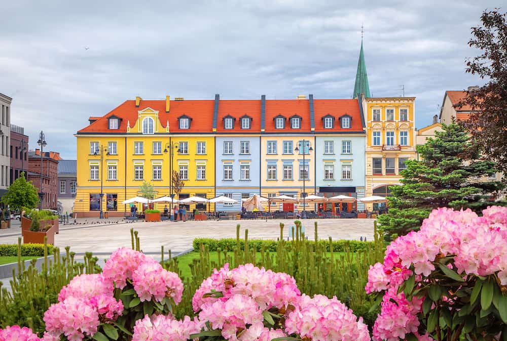 Bydgoszcz, Poland. View of Old Market (Stary Rynek) square with flowers on foreground