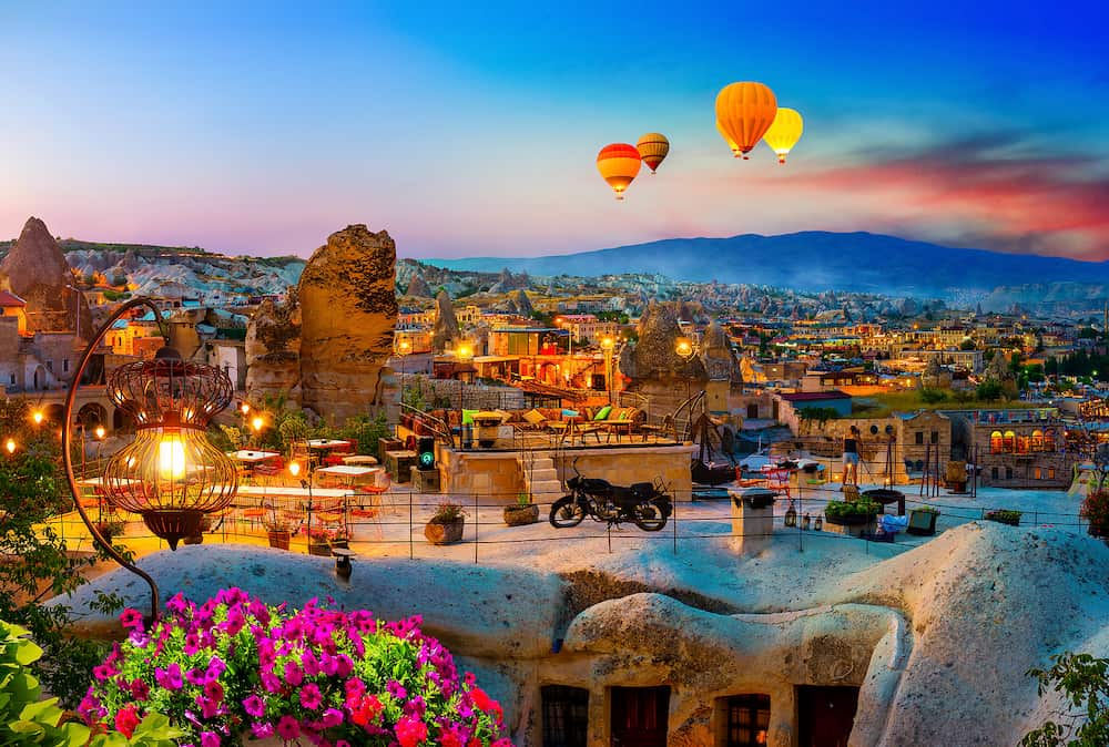 Goreme town on sunset in Cappadocia, Central Anatolia, Turkey