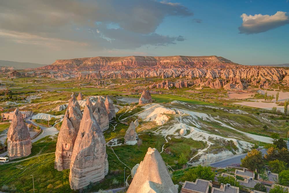 Sunset panoramic view to Goreme city and pigeon valley Cappadocia, Turkey