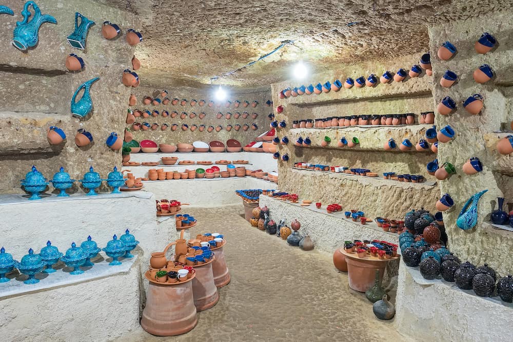 Avanos, Turkey - Turkish traditional ceramic pots and jars in underground ceramic shop located in Avanos, Cappadocia.