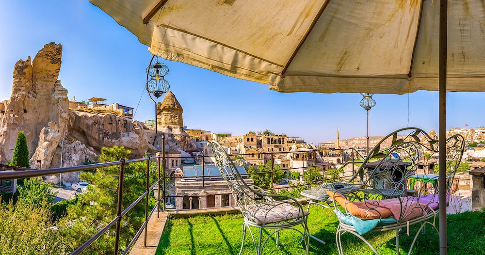Vacation in Goreme cave hotel at summer, Cappadocia