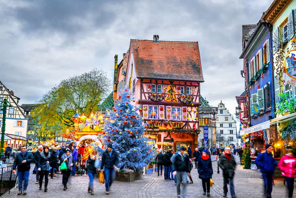 Colmar, France - Traditional Alsatian half-timbered houses Christmas decorated city Colmar in Alsace.
