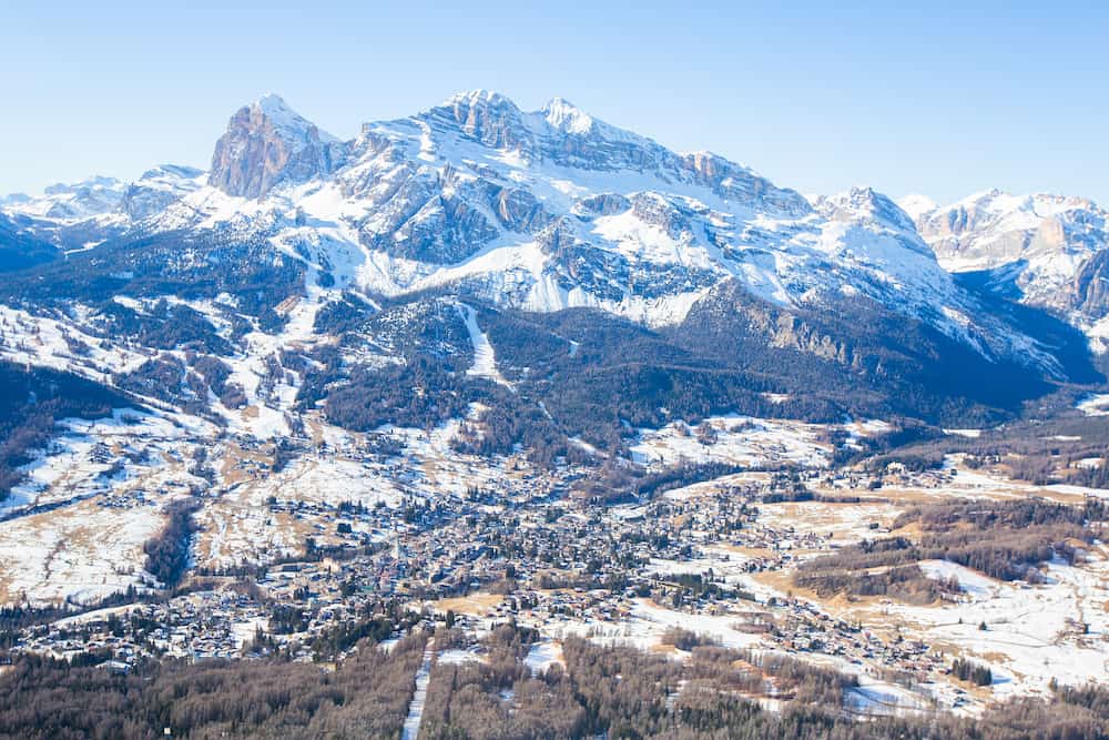Cortina d'Ampezzo winter city view from Faloria ski area, ski resort in Italy. Cortina , Regina delle Dolomiti, Queen of the Dolomites , Dolomites mountains