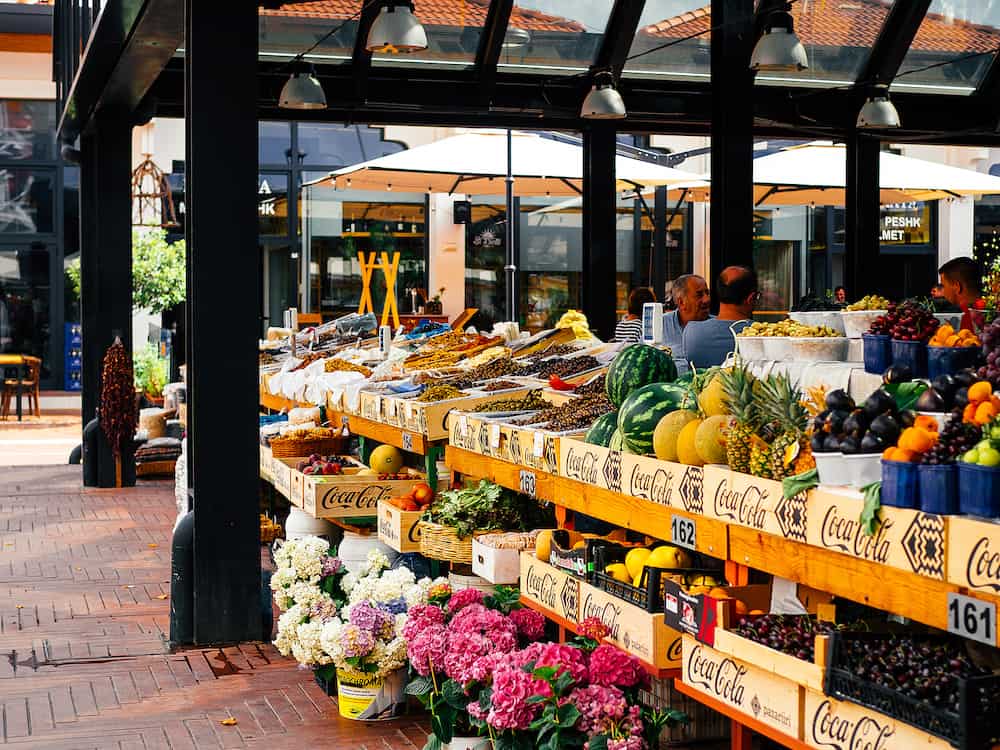 Tirana, Albania - Fruit and vegetable market. Stand with fresh fruit, mostly figs