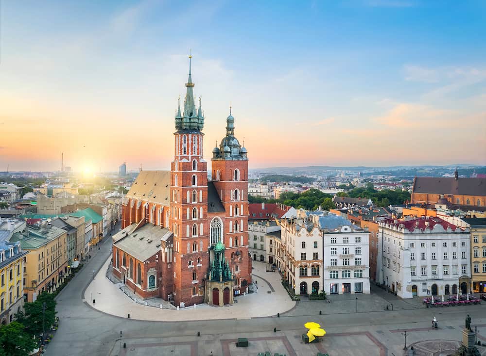 Krakow, Poland. Aerial view of St. Mary's Basilica (Bazylika Mariacka) on sunrise