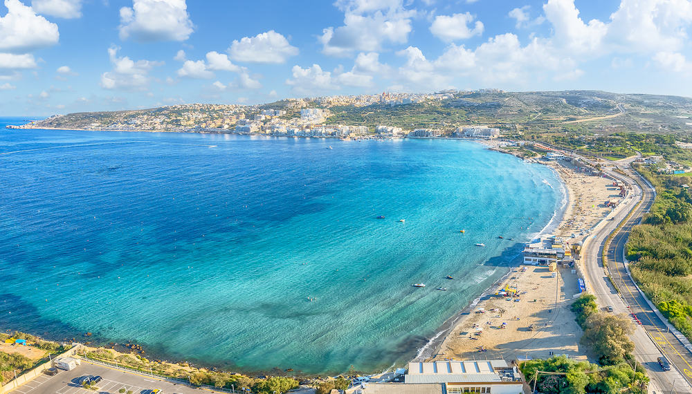 Landscape with Mellieha Bay beach, Malta islands