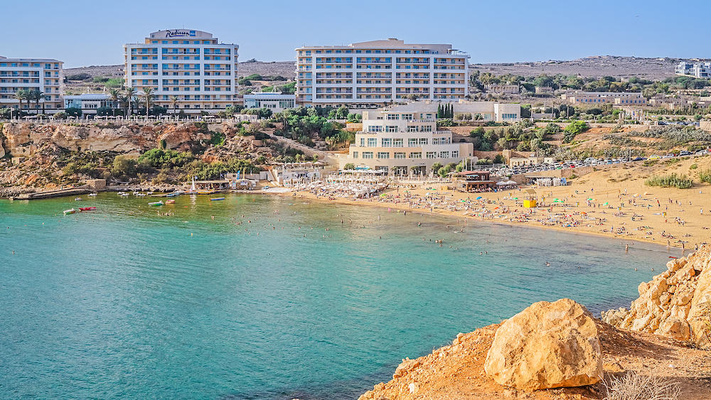 MELLIEHA, MALTA - Panoramic view of the most famous complex of hotels Malta in Golden Bay