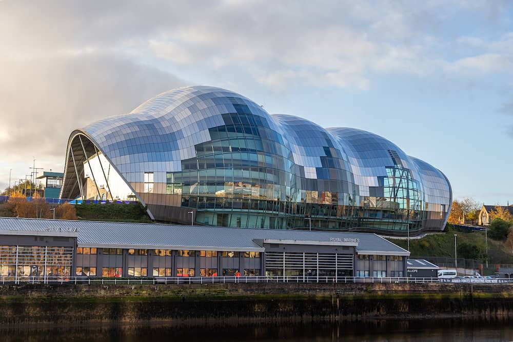 Newcastle, England - The rooftop glass structure of the Gateshead Sage concert venue on the south bank of the River Tyne in Newcastle Upon Tyne