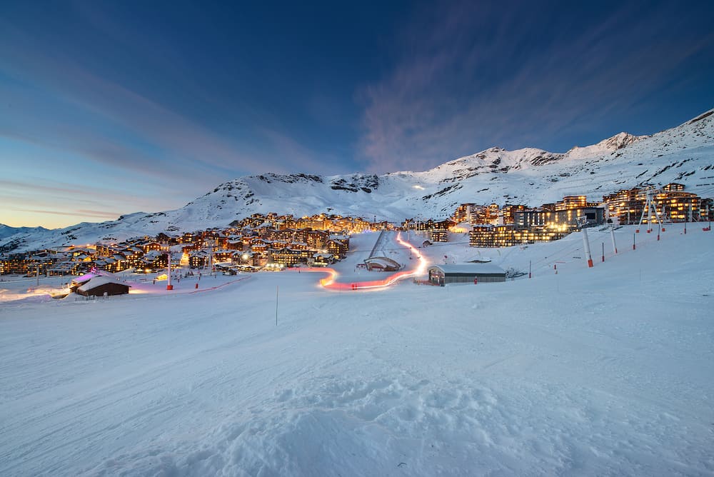 Panorama of famous Val Thorens in french alps by night, Vanoise, France