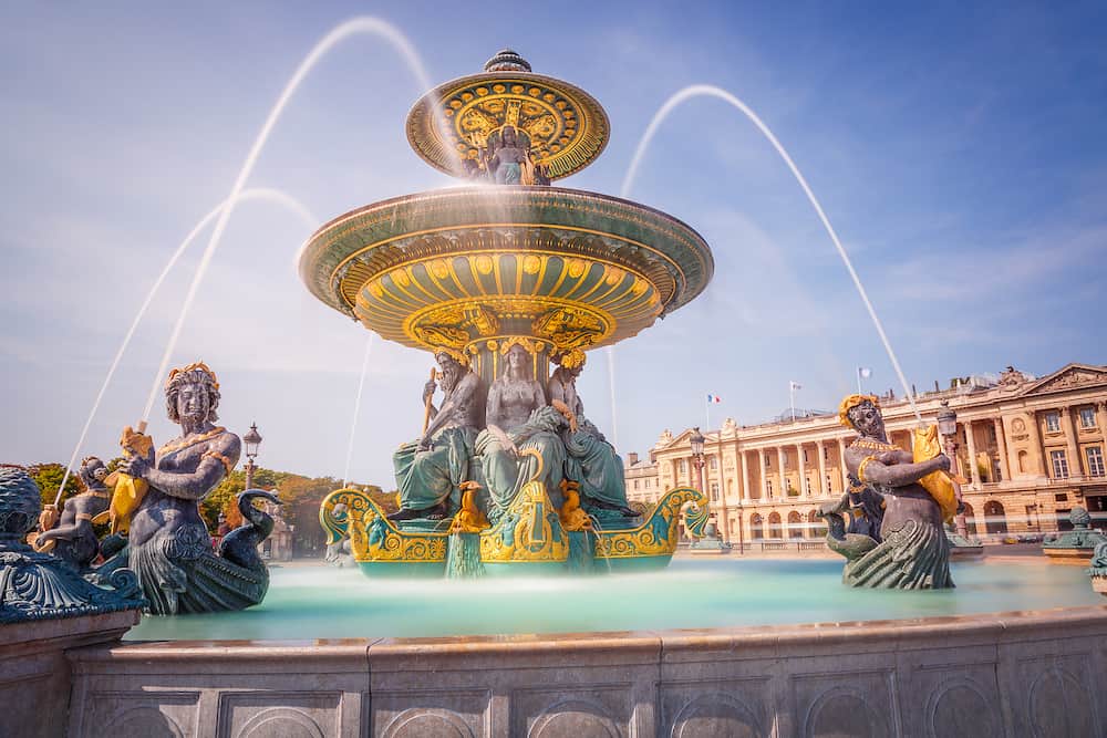 Fountain in Place de la concorde with blurred water, Paris, France