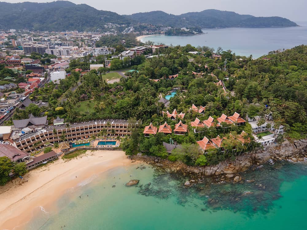 Aerial view of cape between Karon and Kata Beach in Phuket. Beautiful scenery beach of Andaman sea. Famous tourist destination in Thailand