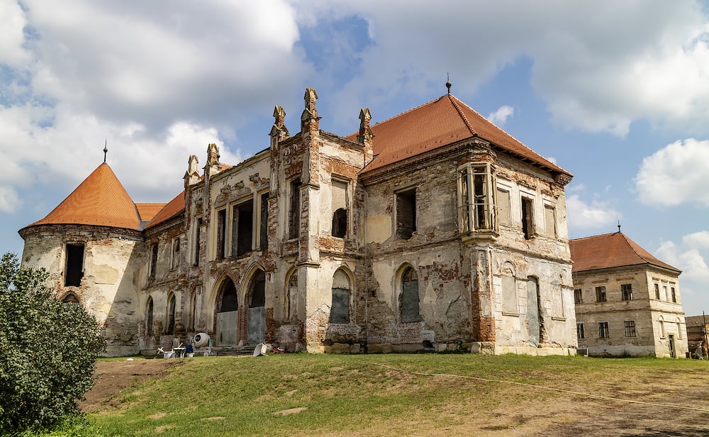 Bontida, Romania - Banffy castle, an architectural monunent undergoing reconstruction, located in Bontida, a village near Cluj Napoca, Romania.