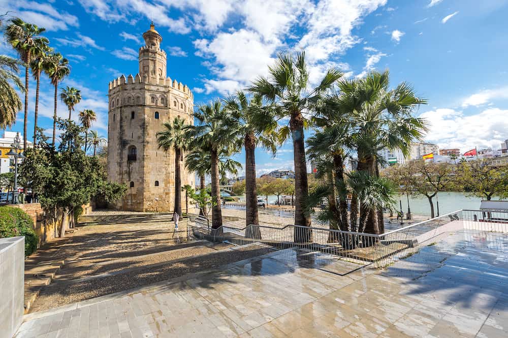 SEVILLE, SPAIN - Torre del Oro, historical limestone Tower of Gold in Seville, a big tourist centre in Spain
