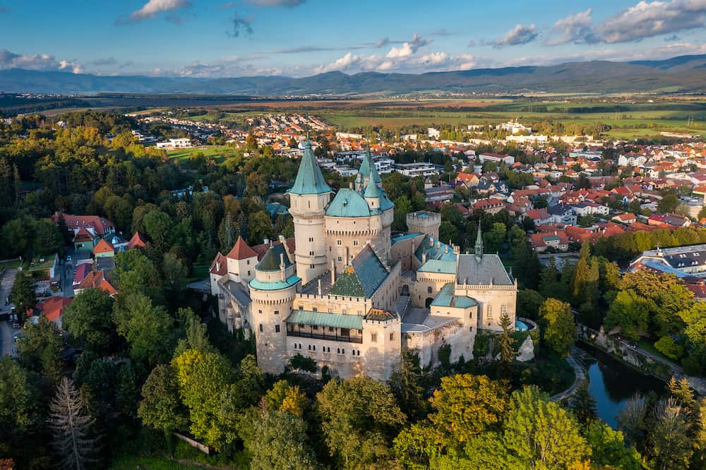 Bojnice, Slovakia - drone view of Bojnice Castle in Slovakia in warm evening light