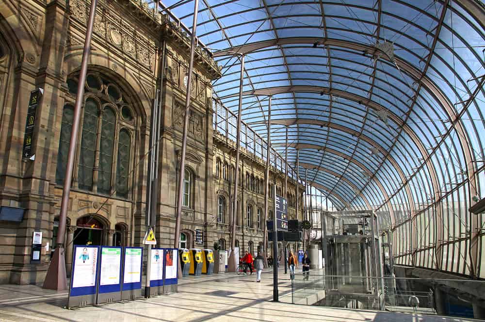 STRASBOURG FRANCE - Gare de Strasbourg the main railway station of Strasbourg city Alsace region France. View of original building under the modern glass canopy