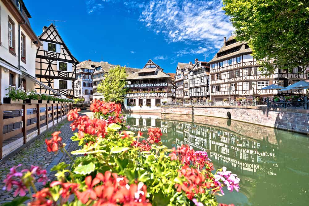 Town of Strasbourg canal and historic architecture in historic Little French quarters, Alsace region of France