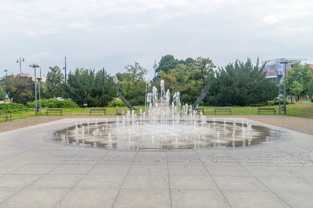 Torun, Poland - Cosmopolis Fountain in city center of Torun.
