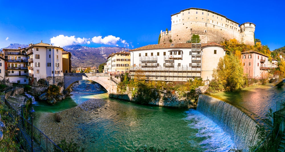 Rovereto - beautiful historic town in Trentino-Alto Adige Region of Italy. View with medieval castle and bridge