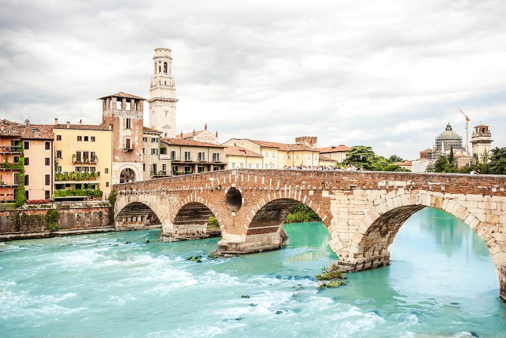 VERONA ITALY - Verona. Bridge Ponte Pietra in Verona on Adige river