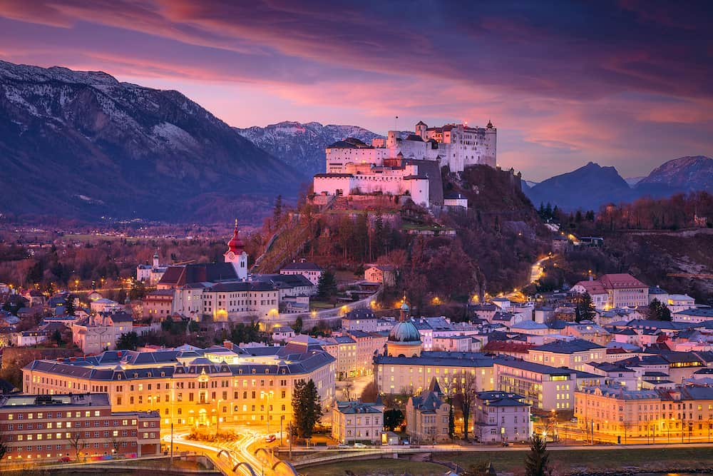 Salzburg, Austria. Cityscape image of the Salzburg, Austria with Hohensalzburg Fortress during beautiful winter sunrise.