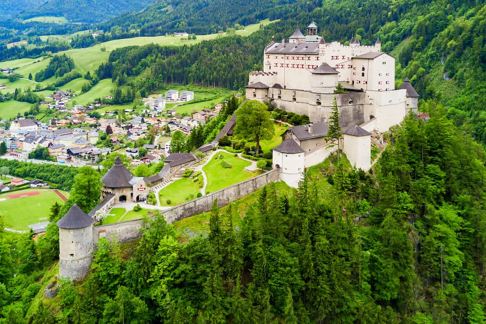 Hohenwerfen Castle or Festung Hohenwerfen aerial panoramic view. Hohenwerfen is a medieval rock castle overlooking the Austrian Werfen town in Salzach valley, Austria