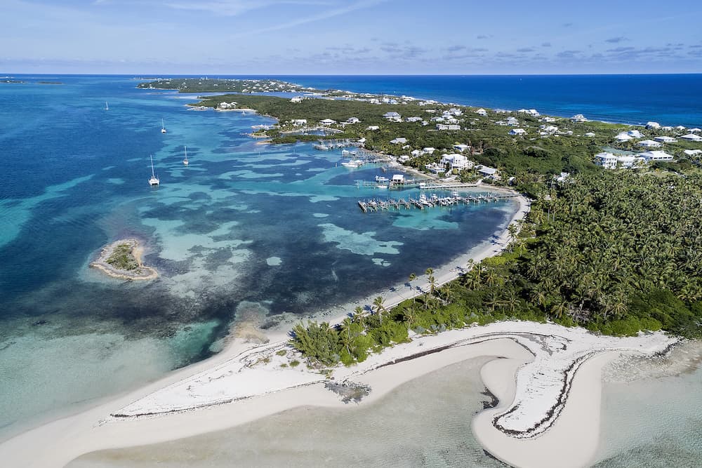 Aerial view of Tahiti Beach and Elbow Cay in Abaco, Bahamas.